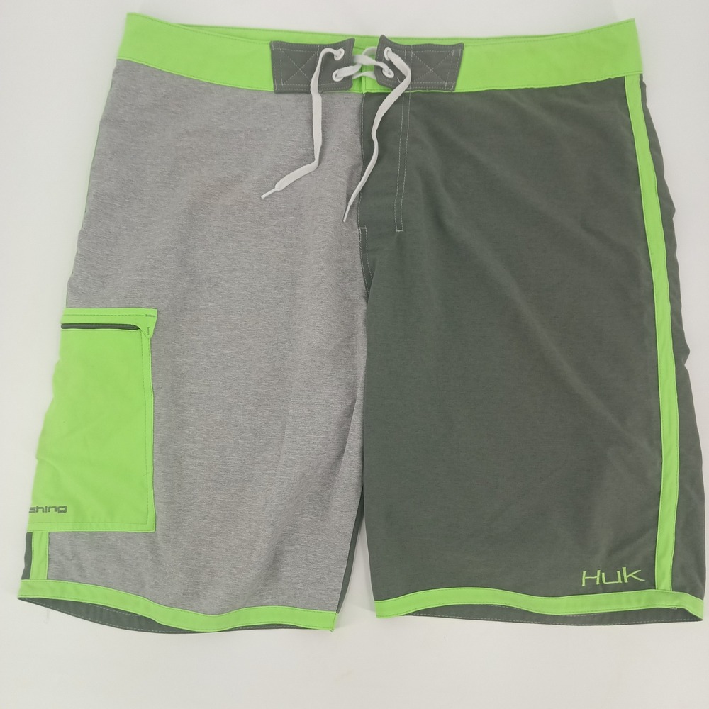 Huk Performance Fishing Board Shorts Mens 38‎ Gray Neon Green Colorblock Trunks